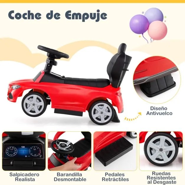 Andador Carro 3 em 1 para criança com barra de empurrar Capota ajustável Pedal e buzina para crianças de 18 a 36 meses Vermelho