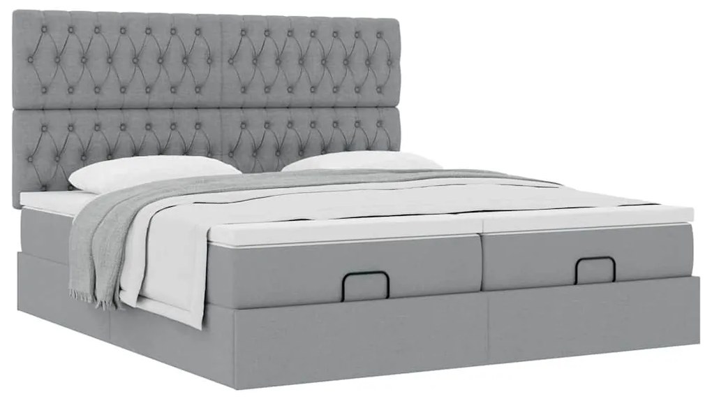 Estrutura de cama otomana com colchões tecido cinzento claro