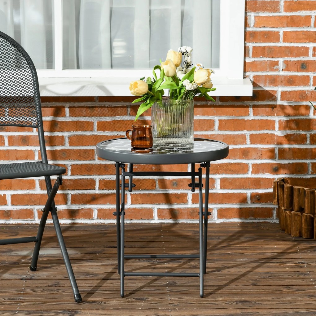 Mesa de centro dobrável Ø 45 x 50 cm, mesa auxiliar dobrável, tampo em vidro temperado com motivos a preto e branco em metal,, preta