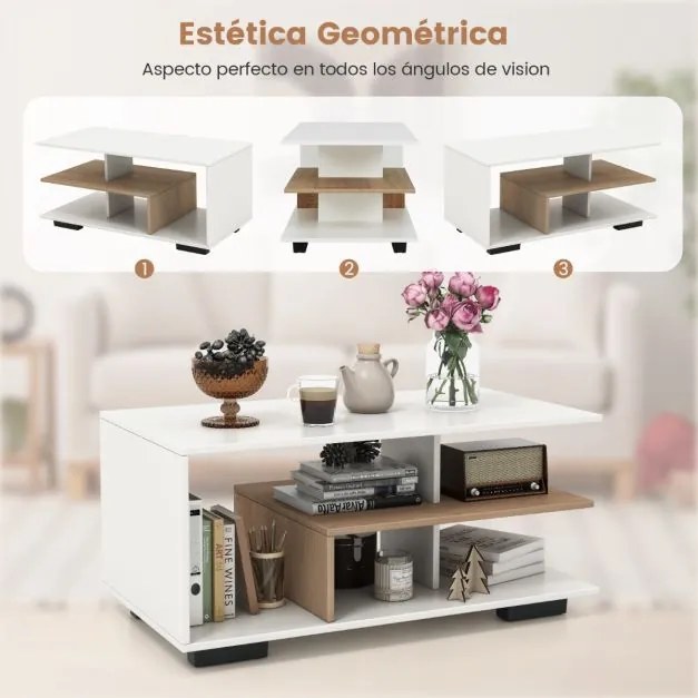 Mesa de centro com arrumação retangular moderna com Estante Mesa de centro geométrica versátil de 3 níveis para a sala de estar Branca