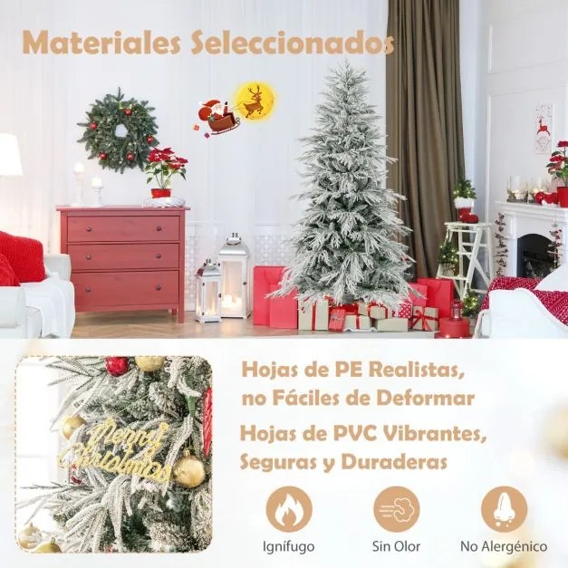 Árvore de Natal com neve 180 cm com luzes incorporadas 250 luzes LED brancas quentes 594 pontas de PVC e PE Verde e Branca
