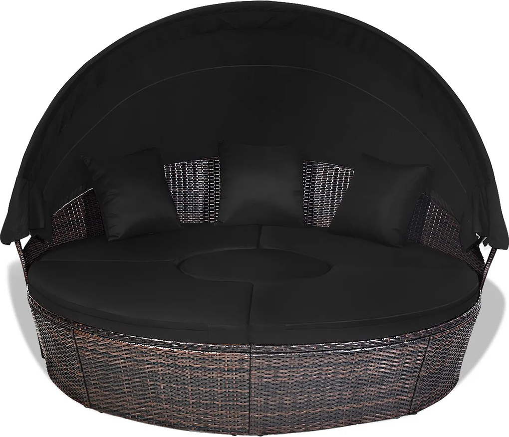 Cama de jardim redonda com Toldo retrátil Assentos separados Almofadas de vime de rattan Mesa de café Jardim Pátio castanho e Preto