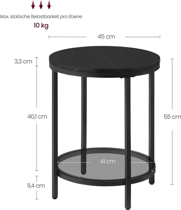 Mesa auxiliar de 2 níveis 45 x 55 cm (Ø x A) com estrutura preta e tampo preto com efeito mármore Preta
