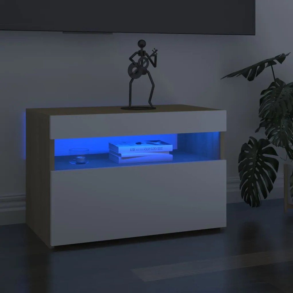 3082784 vidaXL Mesa cabeceira & luzes LED 60x35x40 cm branco/carvalho sonoma