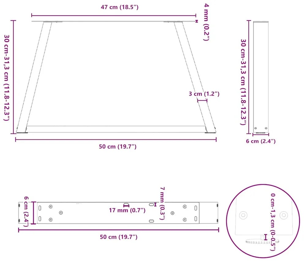 Mesa de jantar pernas 2pcs forma de V 50x(30-31,3)cm aço branco