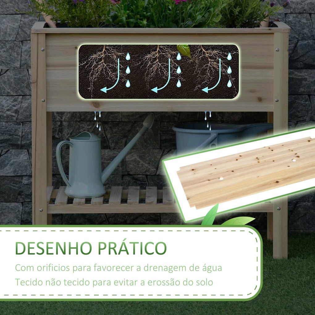 Outsunny Horta Vertical Elevada de Madeira 90x40x81cm Mesa de Cultivo de Jardim com Prateleira Inferior e 2 Orifícios de Drenagem para Cultivos de Plantas Flores Natural