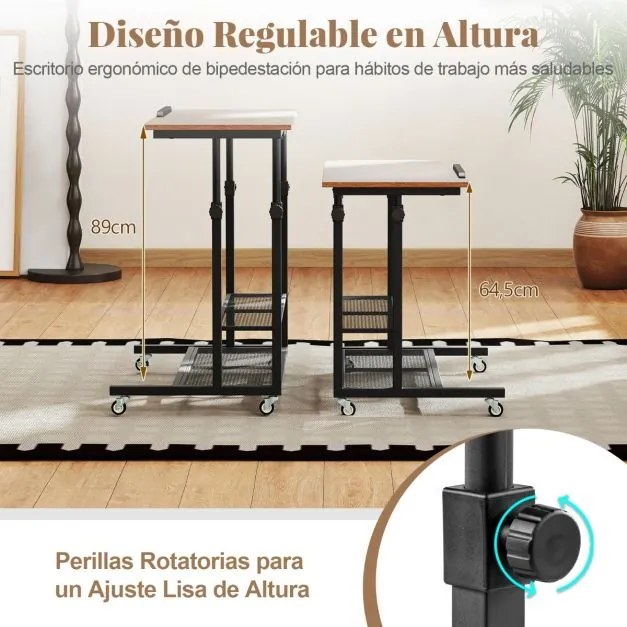 Secretária 80 x 50 x 64,5-89 cm ajustável em altura com tampo inclinável portátil com rodas Castanha