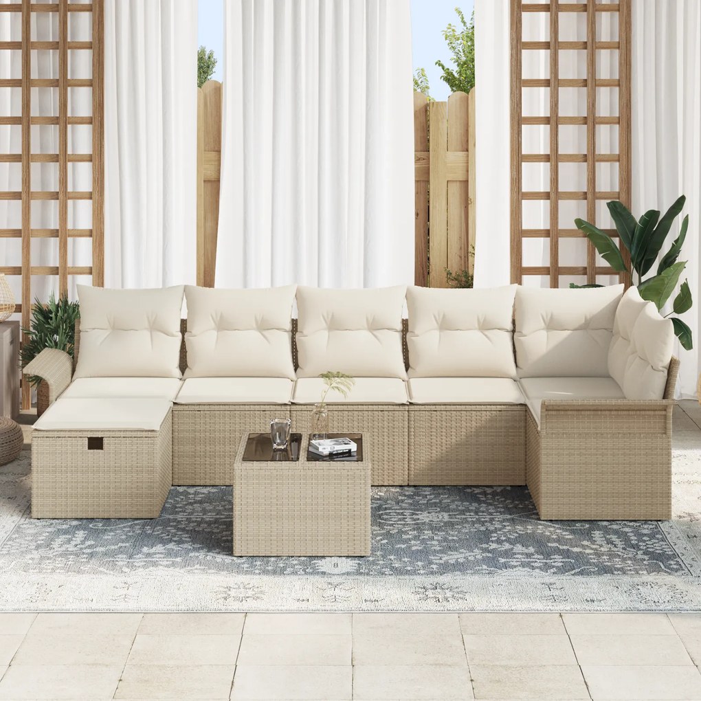 Conjunto de Sofás de Jardim de 8 Peças com Almofadas Bege Vime PE
