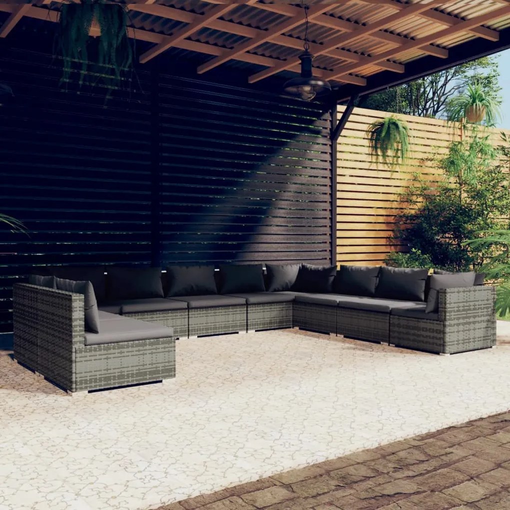 vidaXL 10 pcs conjunto lounge de jardim c/ almofadões vime PE cinzento