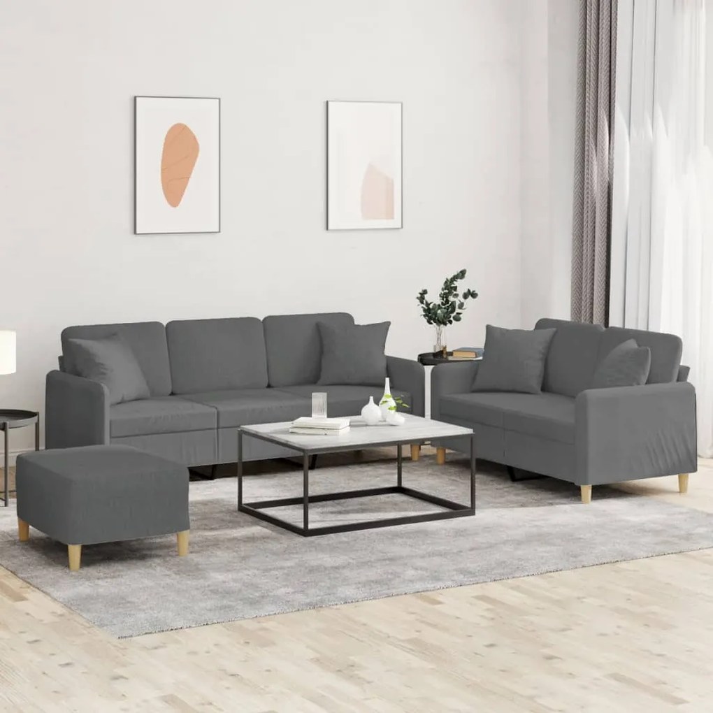 3 pcs conjunto de sofás com almofadas tecido cinzento-escuro