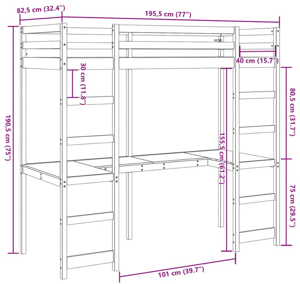 Cama alta sem colchão 75x190 cm pinho maciço branco