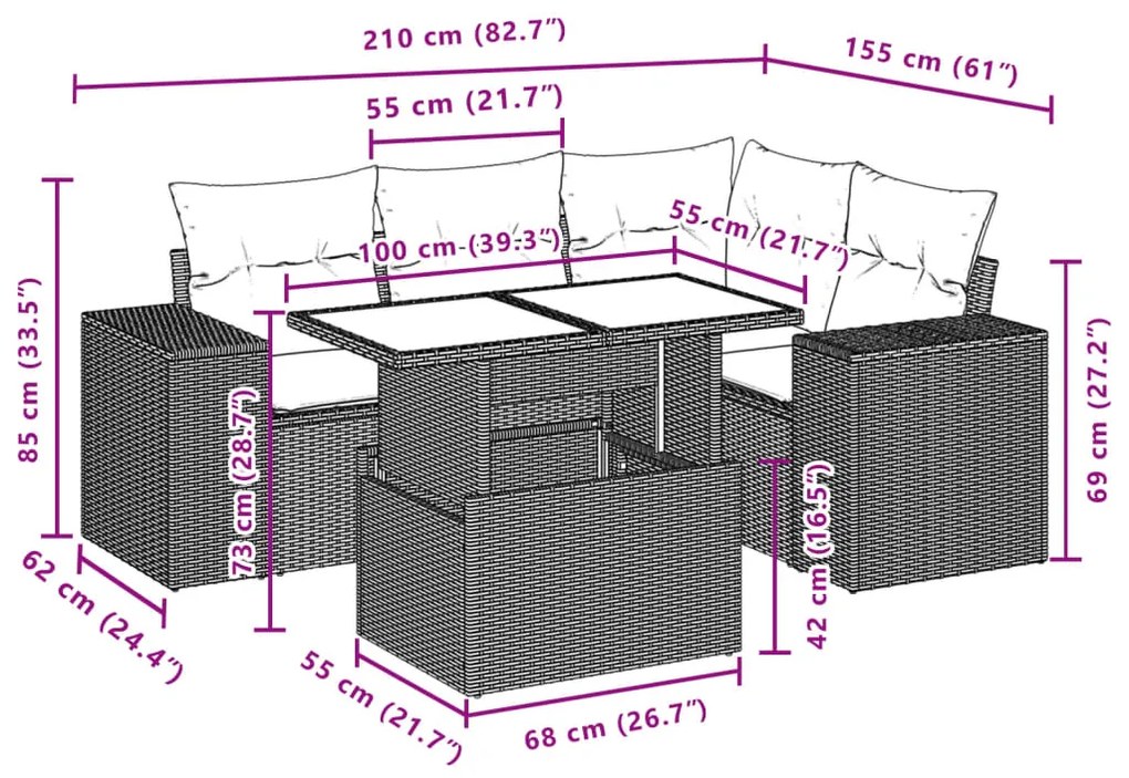 5 pcs conjunto de sofás p/ jardim com almofadões vime PE bege