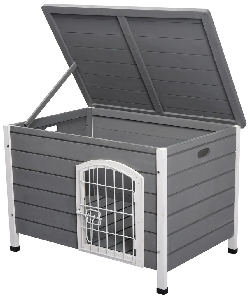 PawHut Casa para Cães de Madeira Gaiola para Animais de Estimação com Porta de Arame com Fechadura e Alças Ocas Laterais para Interior e Exterior 80x55x53,5cm Cinza