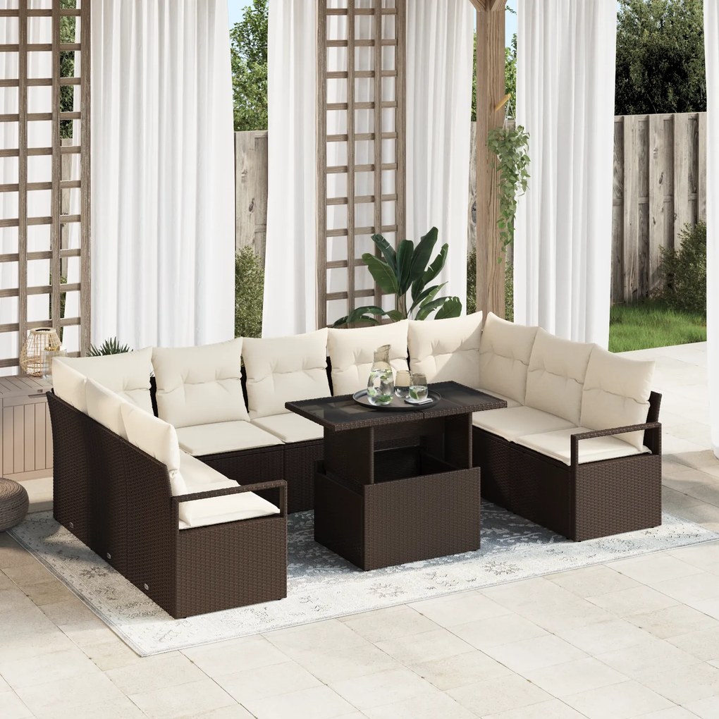 Conjunto de Sofá de Jardim vidaXL 10 Peças com Almofadas Castanho Poli
