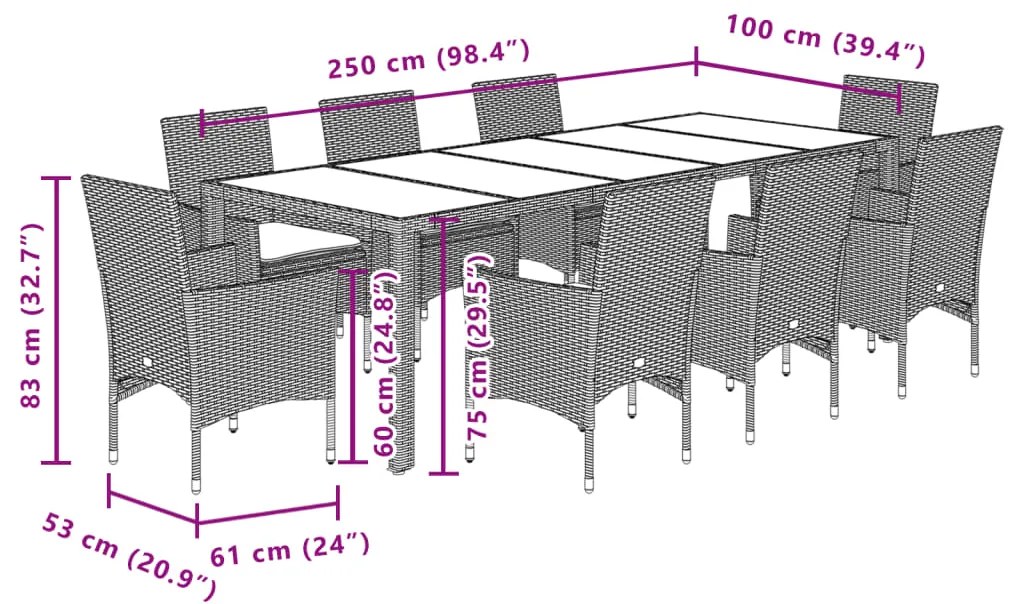 9 pcs conjunto jantar jardim c/ almofadões vime PE/acácia cinza