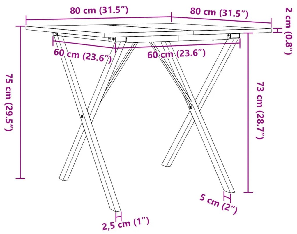 Mesa de jantar estrutura em X 80x80x75 cm pinho e aço