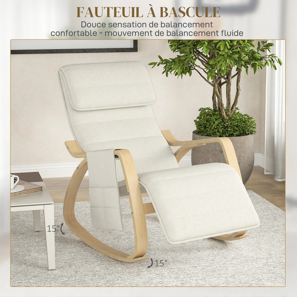 Cadeira relaxante basculante com apoio para os pés ajustável, bolso lateral e apoio para a cabeça, branco creme