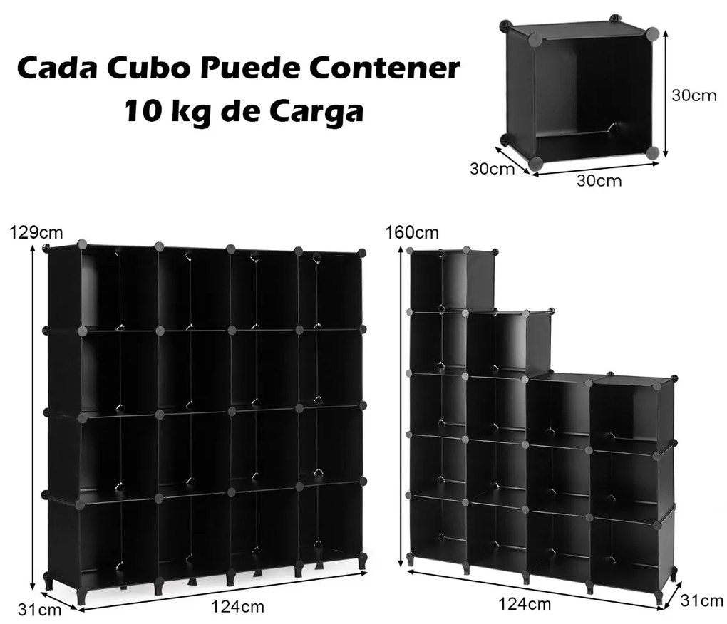 Organizador modular com 16 cubos 30 x 30 cm Armário empilhável de plástico Transparente Preto