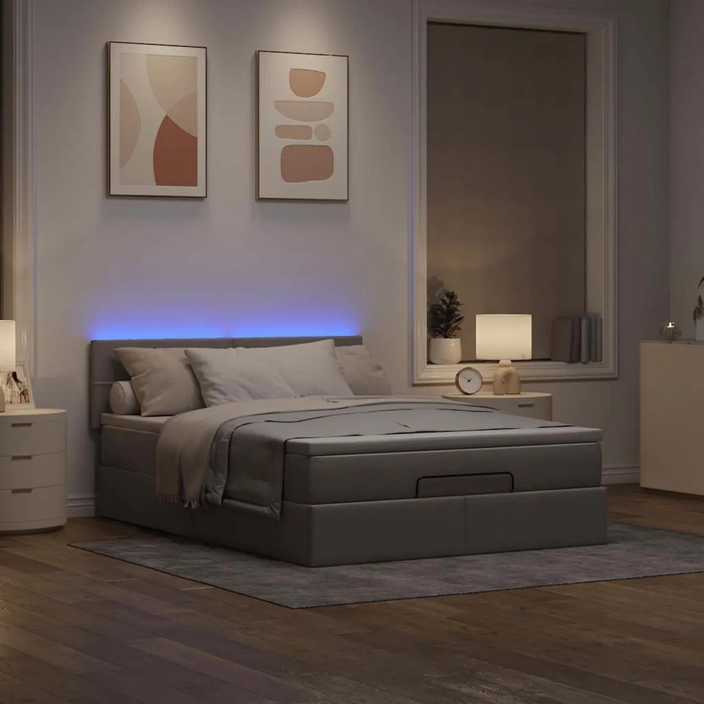 Cama Otomana com Colchão &amp; LEDs Taupe 140x200 cm Tecido
