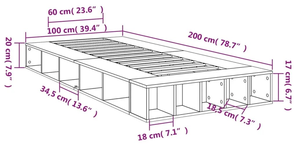 Estrutura de cama 100x200 cm derivados de madeira cinza sonoma