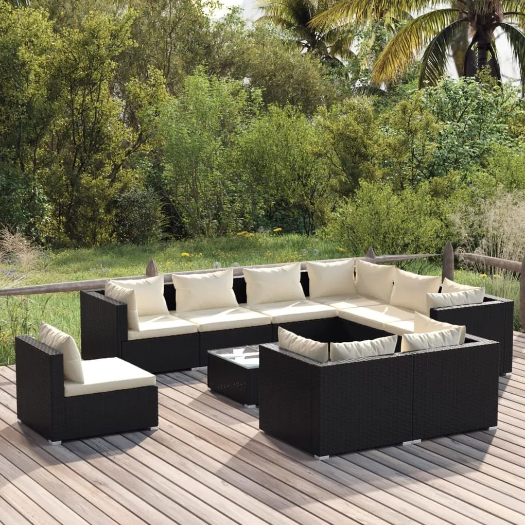 vidaXL 10 pcs conjunto lounge de jardim c/ almofadões vime PE preto