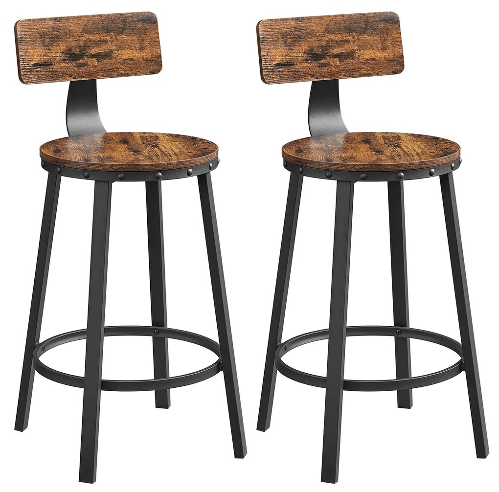 Bancos de bar VASAGLE, bancos de cozinha, conjunto de 2 cadeiras altas de bar com encosto, estrutura de aço, assento de 62,5 cm de altura, fácil montagem, industrial, marrom rústico e preto LBC076B01