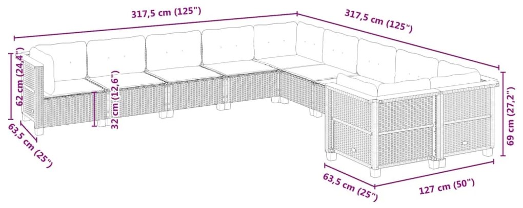 10 pcs conjunto sofás de jardim c/ almofadões vime PE cinzento