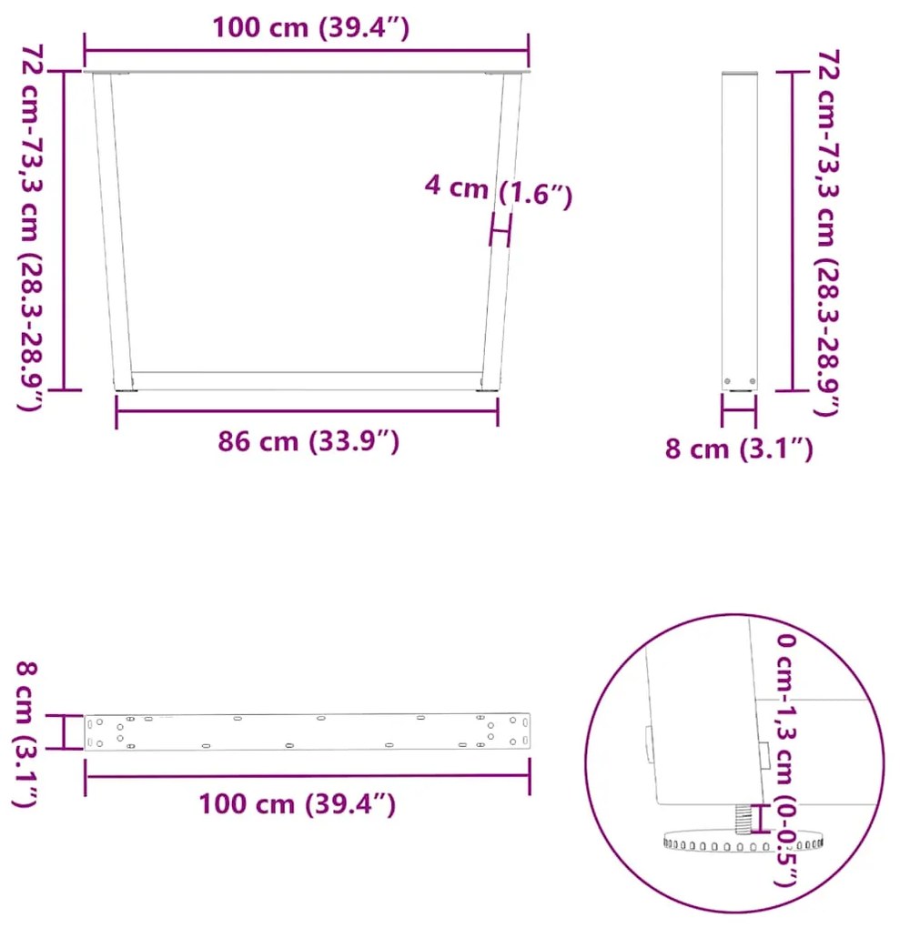 Pés para mesa de jantar em V, 3 peças, antracite, 100x(72-73,3) cm, aç