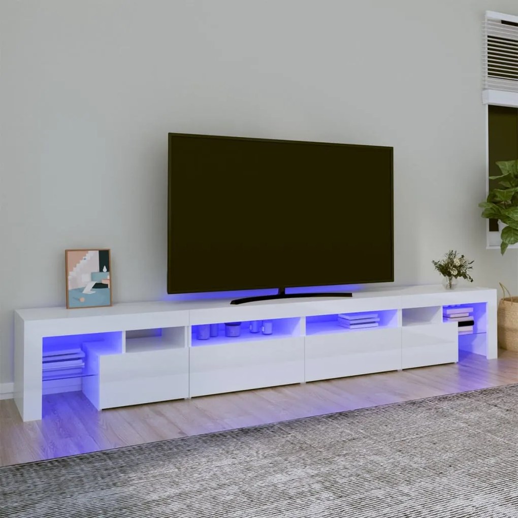 Móvel de TV com luzes LED 260x36,5x40 cm branco brilhante