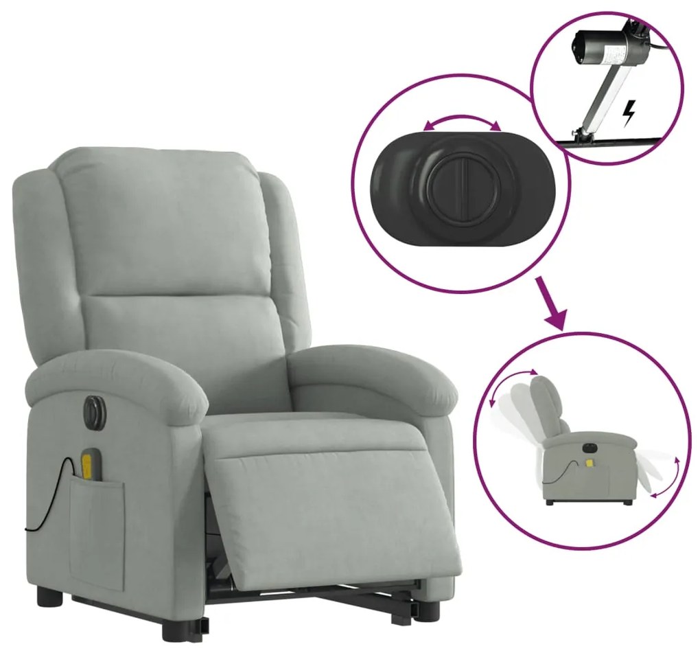 Poltrona de massagens reclinável elétrica veludo cinzento-claro