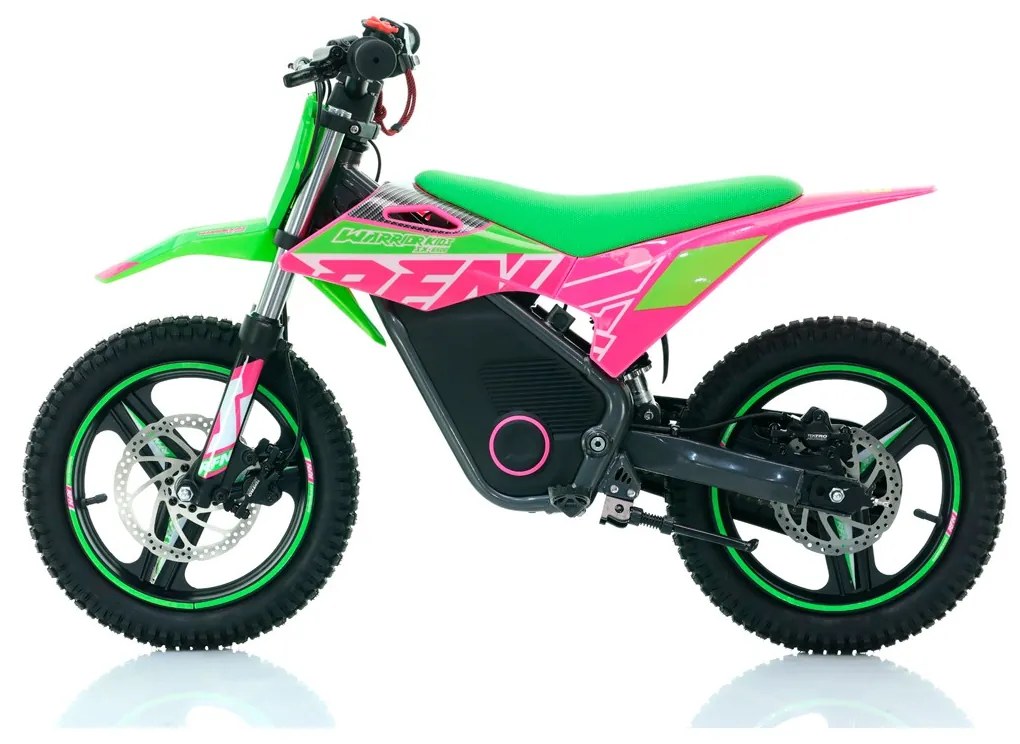 Mini moto elétrica para crianças velocidade até 35Km/h C/Limitador RFN Warrior SX-E500 500W 36V 14/14” Verde e Rosa