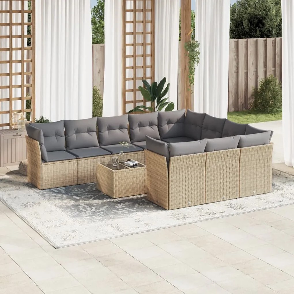 11 pcs conjunto sofás de jardim c/ almofadões vime PE bege