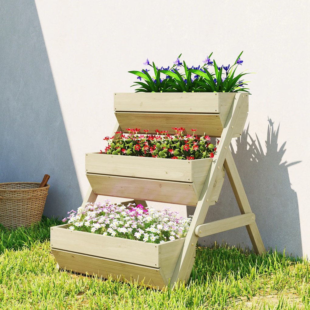 Floreira elevada em madeira com 3 níveis 65 x 75 x 76 cm, prateleira em degraus para plantas com orifícios de drenagem