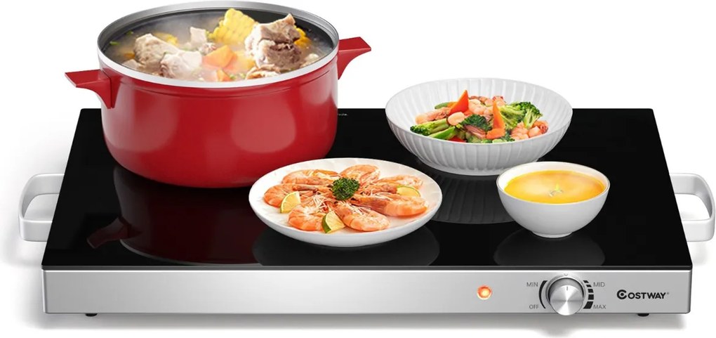 Bandeja aquecedora de aço inoxidável 300 W com tampa de vidro temperado e temperatura ajustável, ideal para buffets, festas e eventos
