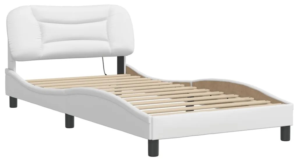 Estrutura cama c/ luzes LED 100x200 cm couro artificial branco