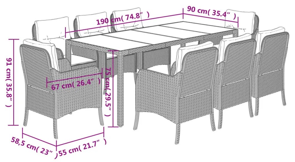 9 pcs conjunto de jantar p/ jardim c/ almofadões vime PE preto