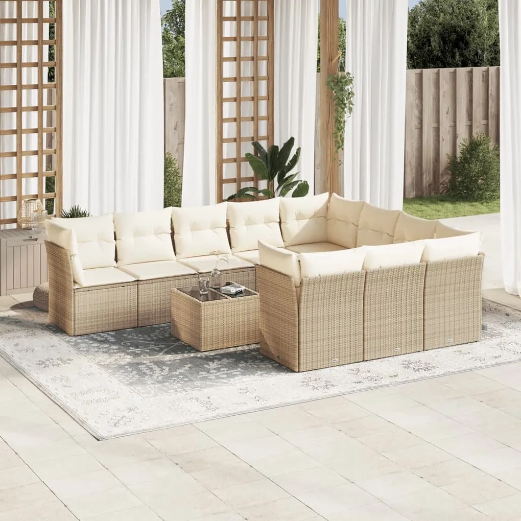 11 pcs conjunto sofás de jardim c/ almofadões vime PE bege
