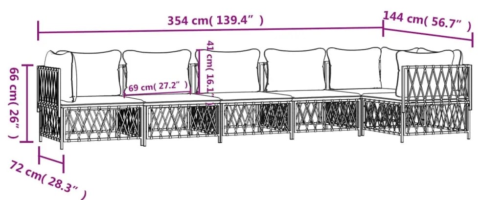 6 pcs conjunto lounge de jardim com almofadões aço branco