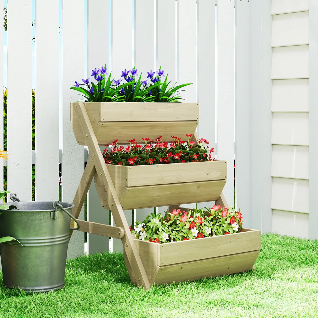 Floreira elevada em madeira com 3 níveis 65 x 75 x 76 cm, prateleira em degraus para plantas com orifícios de drenagem