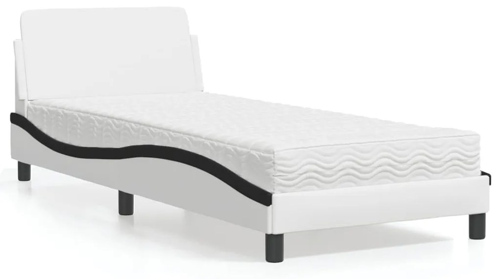 Cama com colchão 90x190 cm couro artificial preto e branco