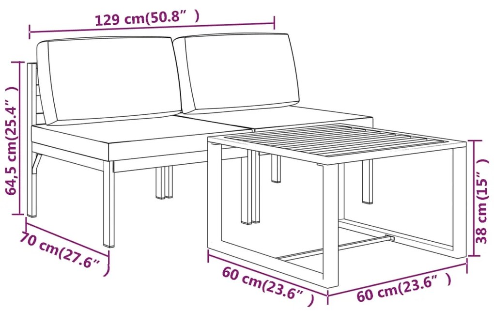 3 pcs conjunto lounge jardim com almofadões alumínio antracite
