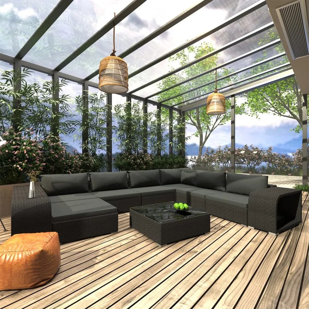 10 pcs conjunto lounge de jardim c/ almofadões vime PE preto