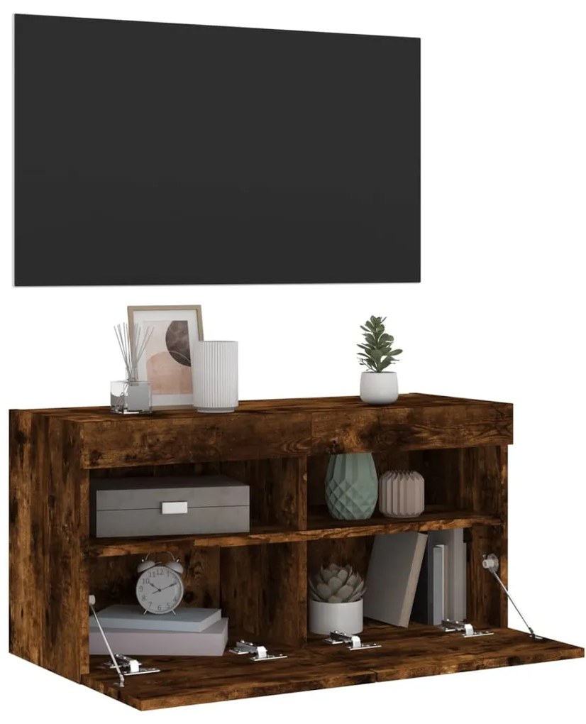 Móvel de parede p/ TV c/ luzes LED 80x30x40 cm carvalho fumado