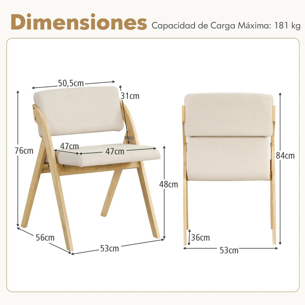 Conjunto de 2 cadeiras de jantar dobráveis com pernas de madeira Assento e encosto almofadados em borracha Moderno portátil Escritório Casa Natural