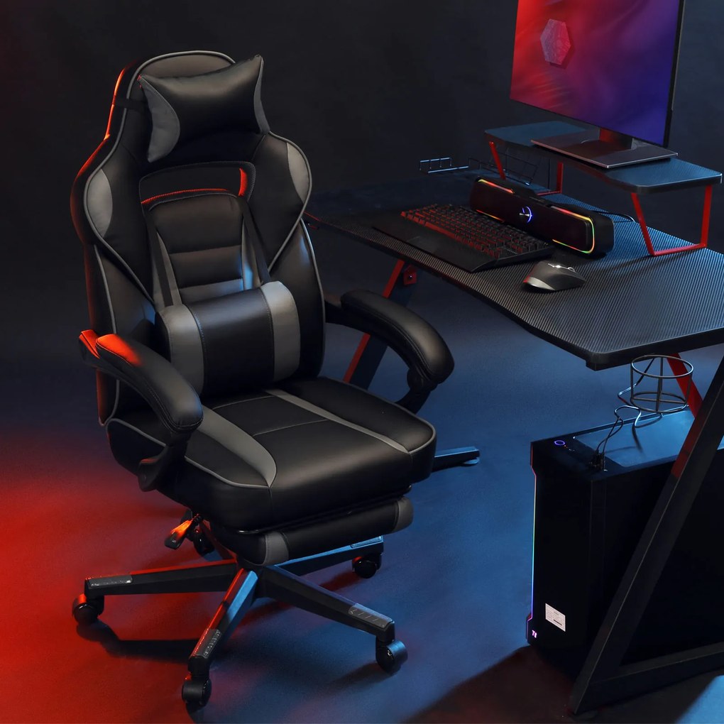 Cadeira Gaming com encosto reclinável e almofada para o apoio de cabeça Preto + cinzento