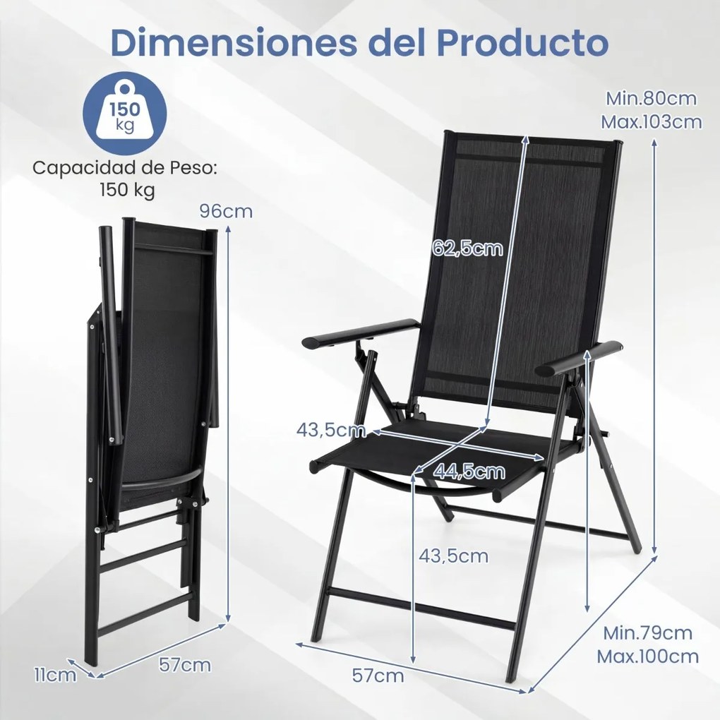 Conjunto de 2 cadeiras dobráveis de jardim (MESA NÃO INCLUIDA) com encosto ajustável em 5 posições, respirável, estrutura metálica, para pátio ou pisc