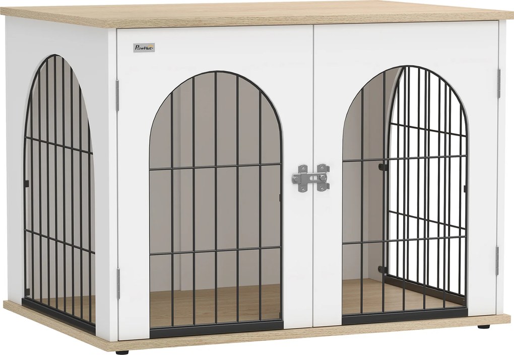 PawHut Gaiola para Cão Móvel-Gaiola para Cão de Interior Arqueada com Porta Dupla como Mesa de Apoio em Metal 80x56x59cm Branco | Aosom Portugal