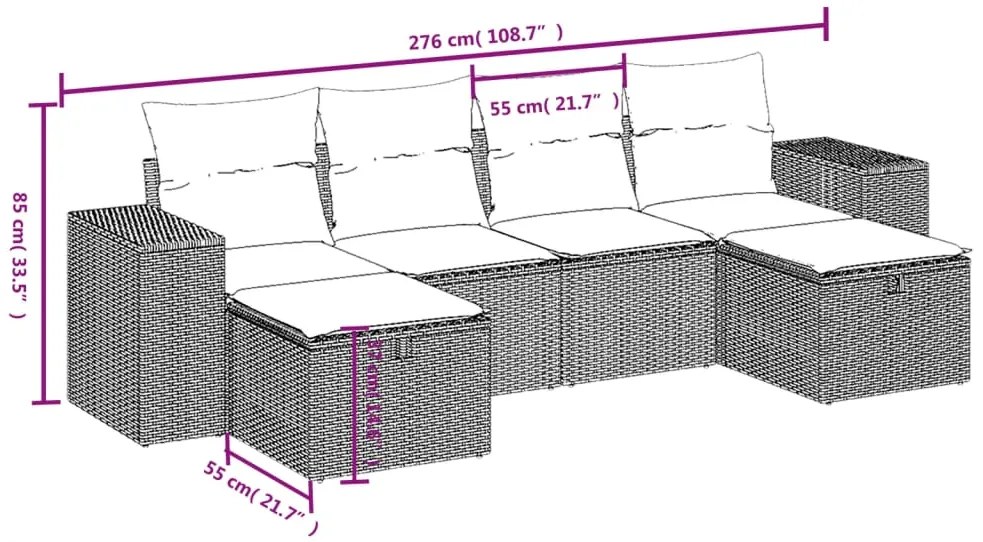 6 pcs conjunto de sofás p/ jardim com almofadões vime PE bege