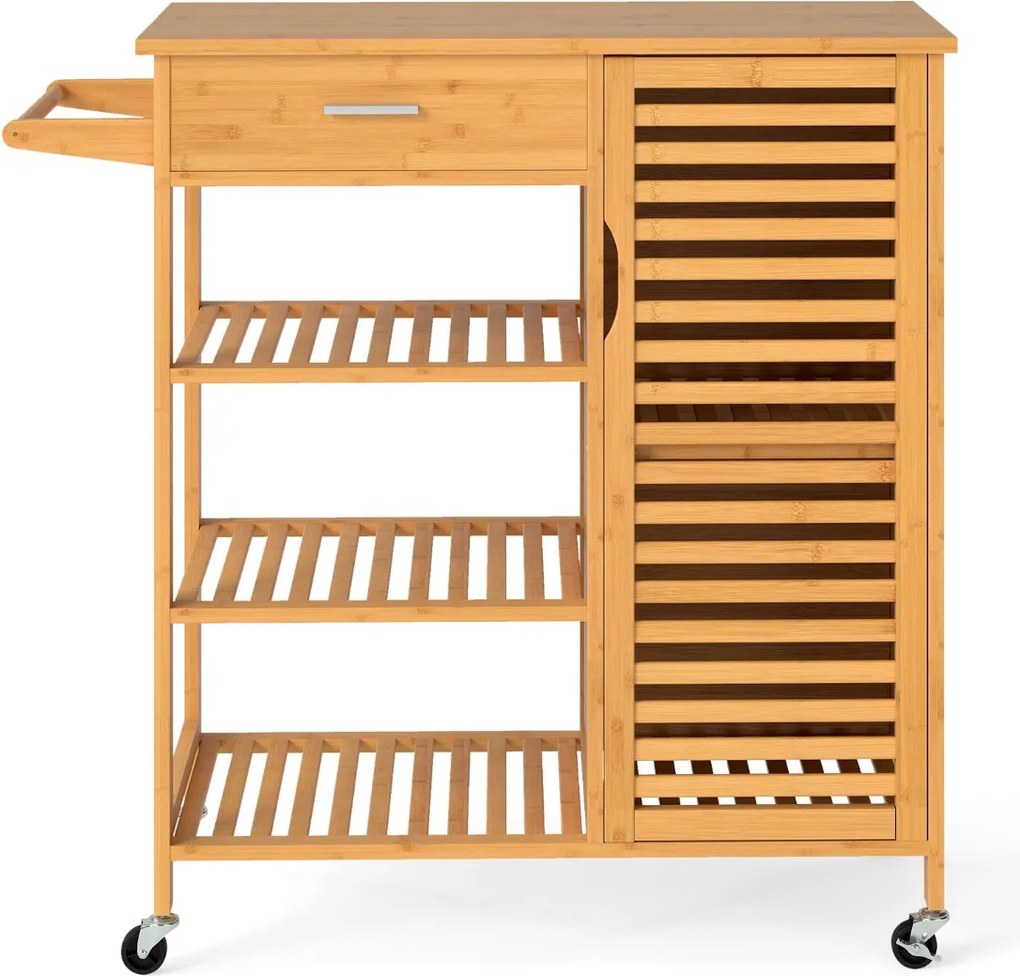 Carrito con Ruedas Carro Aparador de Bambú con Superficie Amplia Cajón 3 Estantes para Cocina y Salón 91 x 44 x 89 cm Natural