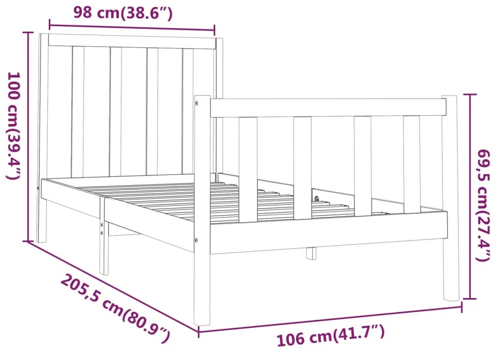 Estrutura de cama 100x200 cm pinho maciço preto